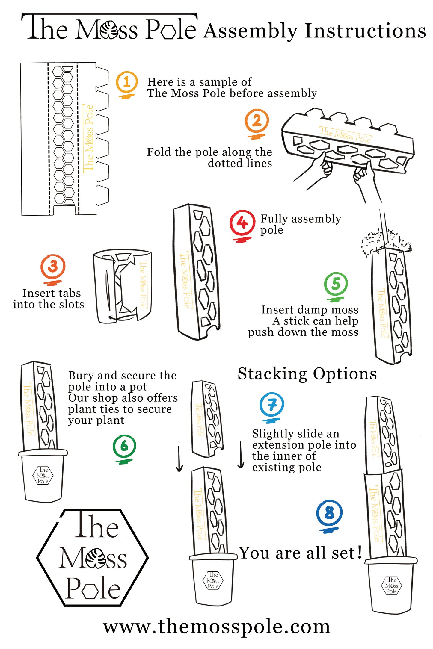 Stackable Moss pole for climbing plants. Clear plant trellis, white plant pole, black plant support